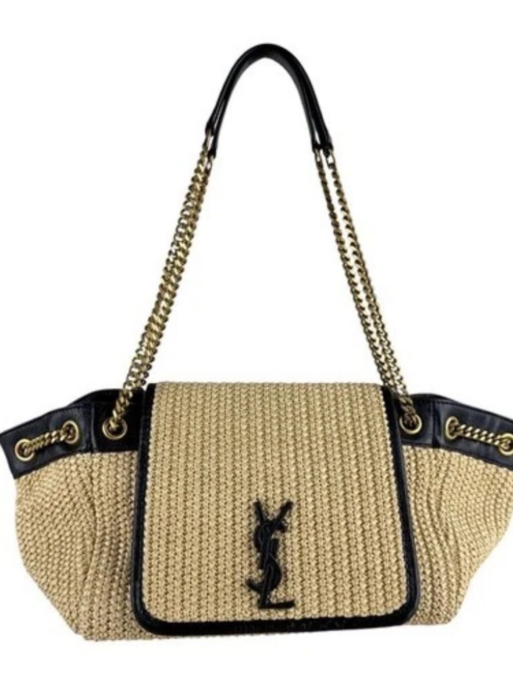 Auth SAINT LAURENT Shoulder Bag Natural/Black/Gold Raffia/Leather/Metal - z10106